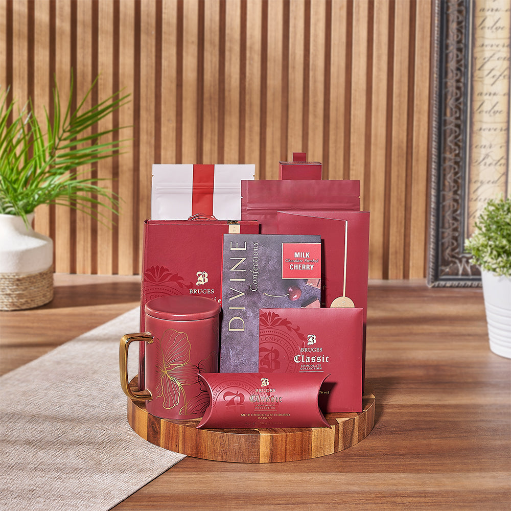 Gourmet Chocolate and Hot Cocoa Gift Basket with Mug and Cutting Board – how the gift is presented