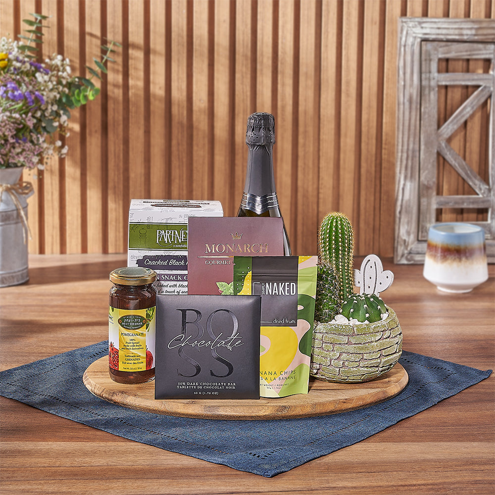 Sparkling Wine Gift Basket with Kosher Treats and Three Cacti in Brick Planter – how the gift is presented
