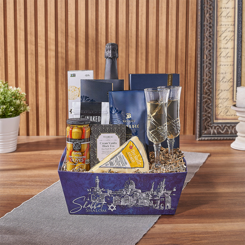 Kosher Sparkling Wine Basket Featuring Asiago Cheese and Gourmet Chocolates – how the gift is presented