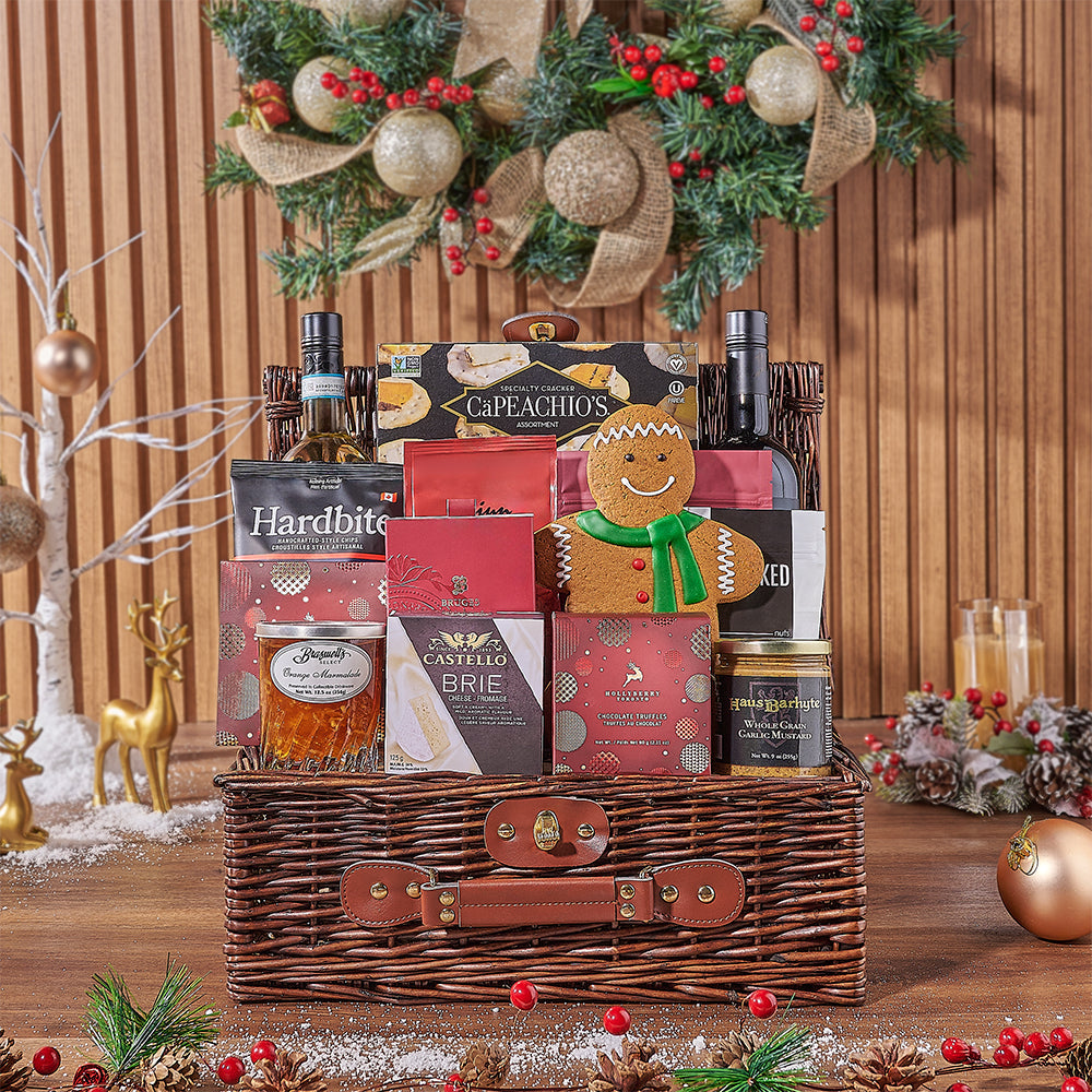 Two-Bottle Wine Gift Basket Featuring Chocolate Truffles and Brie Cheese – how the gift is presented
