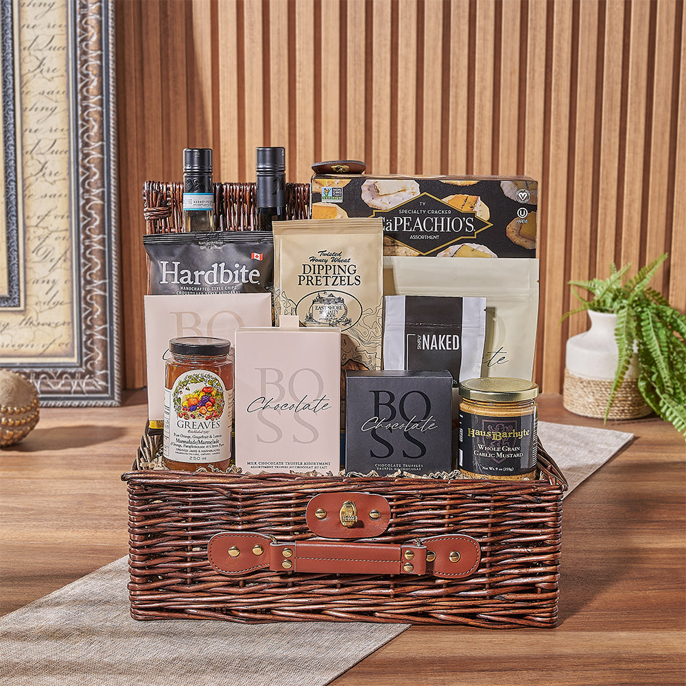 Assorted Gourmet and Two-Bottle Wine Basket – how the gift is presented