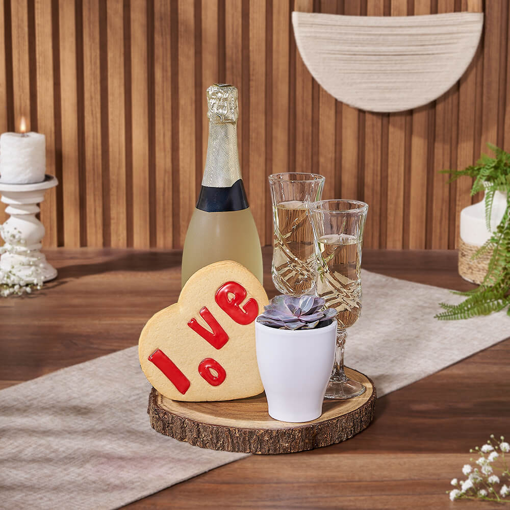 Beaconsfield Champagne Gift Basket, sparkling wine gift, sparkling wine, plant gift, plant, cookie gift, cookie, Vermont delivery