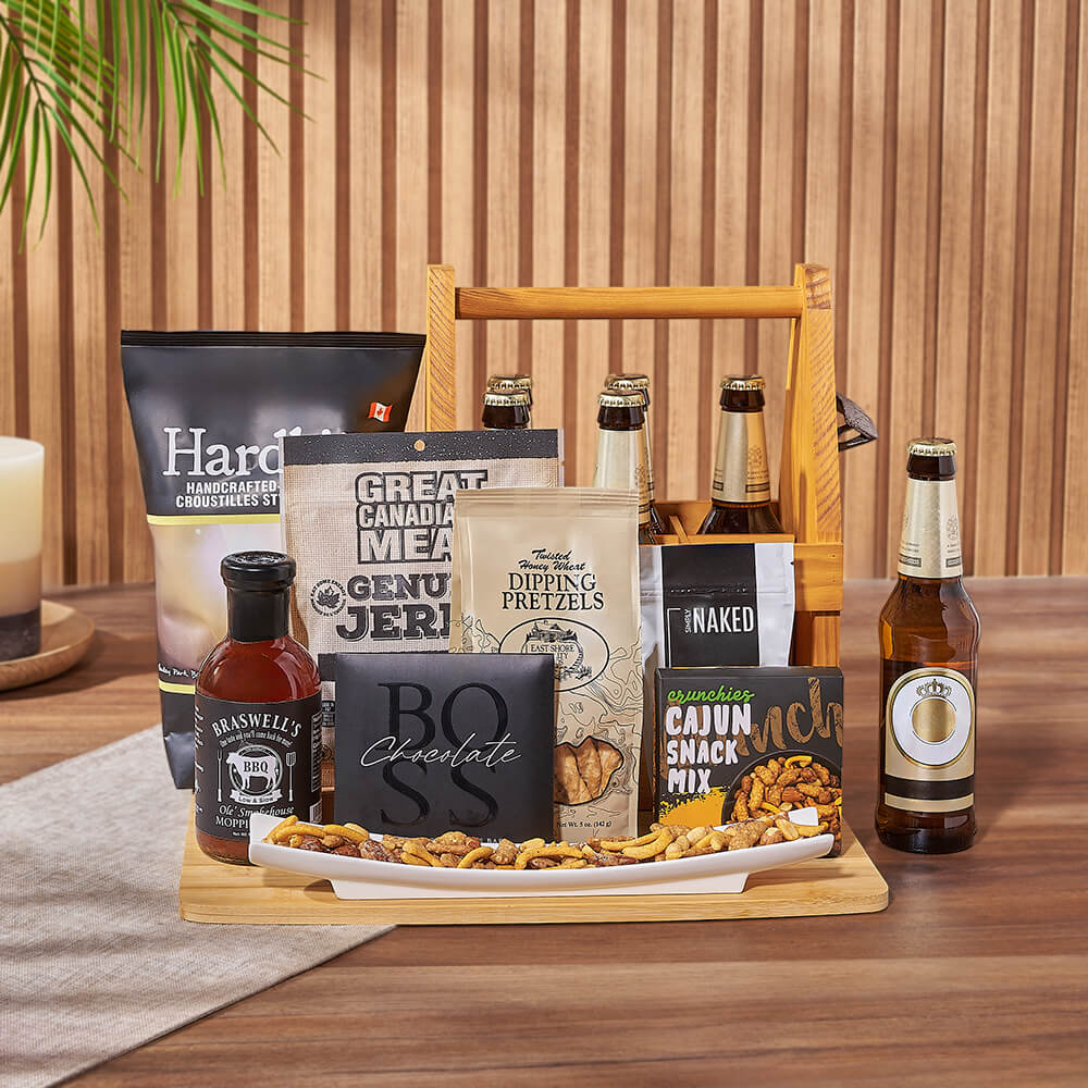 Six-Bottle Beer Gift Set with Charcuterie and Bamboo Cutting Board – how the gift is presented