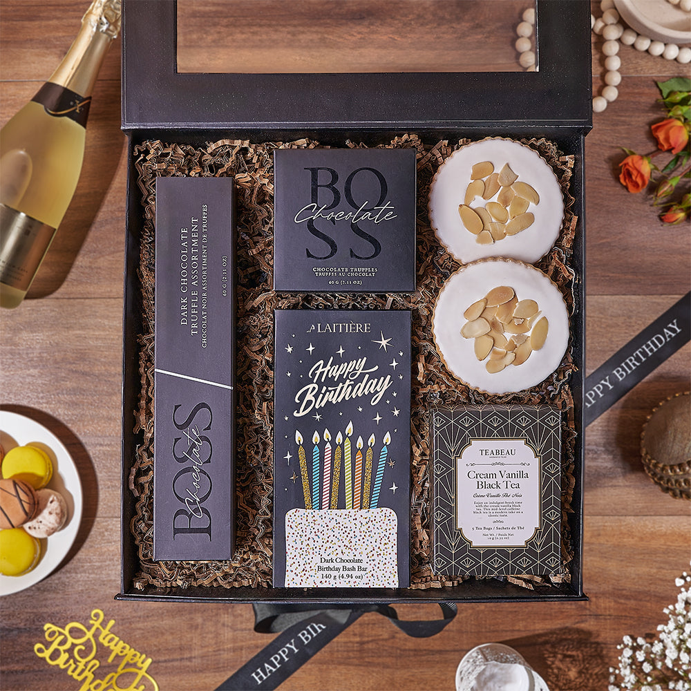 Birthday Bash Assorted Chocolate and Cream Vanilla Tea Box – how the gift is presented