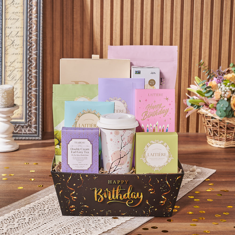 Premium Assorted Truffles and Tea Birthday Gift Basket – how the gift is presented
