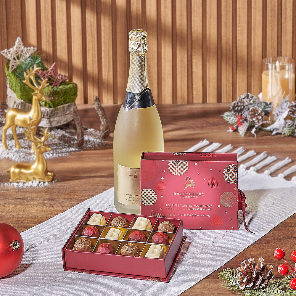 Sparkling Wine with Hollyberry Truffles – how the gift is presented