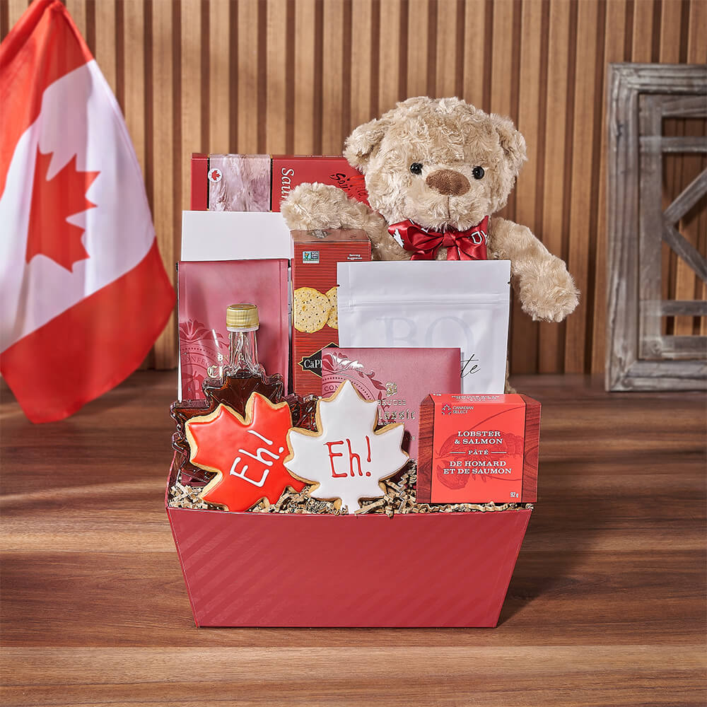 Festive Canada Day Snack Basket with Smoked Salmon and Canada Leaf Cookies – how the gift is presented