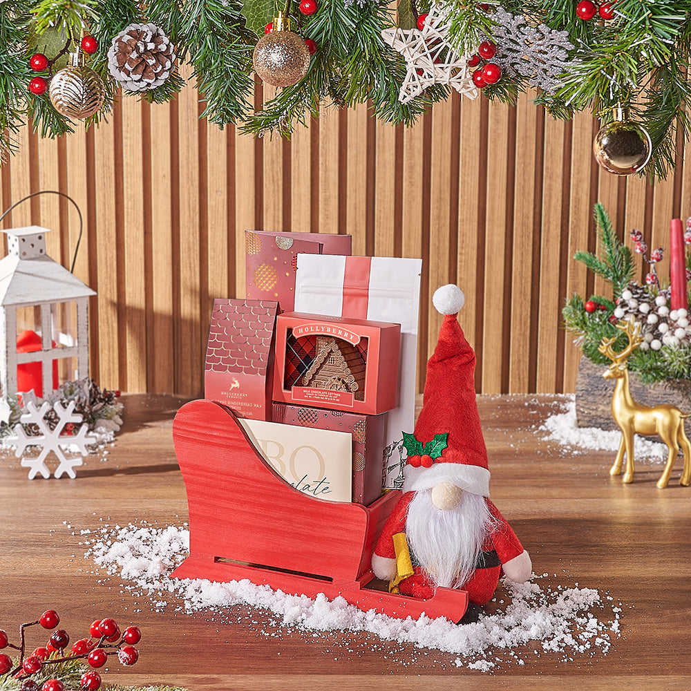 Holiday Red Sled Chocolate Gift Basket – how the gift is presented