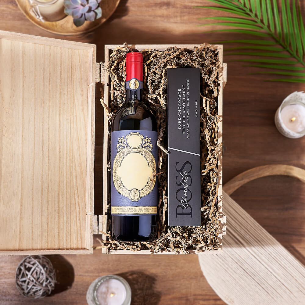 Gourmet Gift Basket Featuring Wine and Dark Chocolate Truffles – how the gift is presented