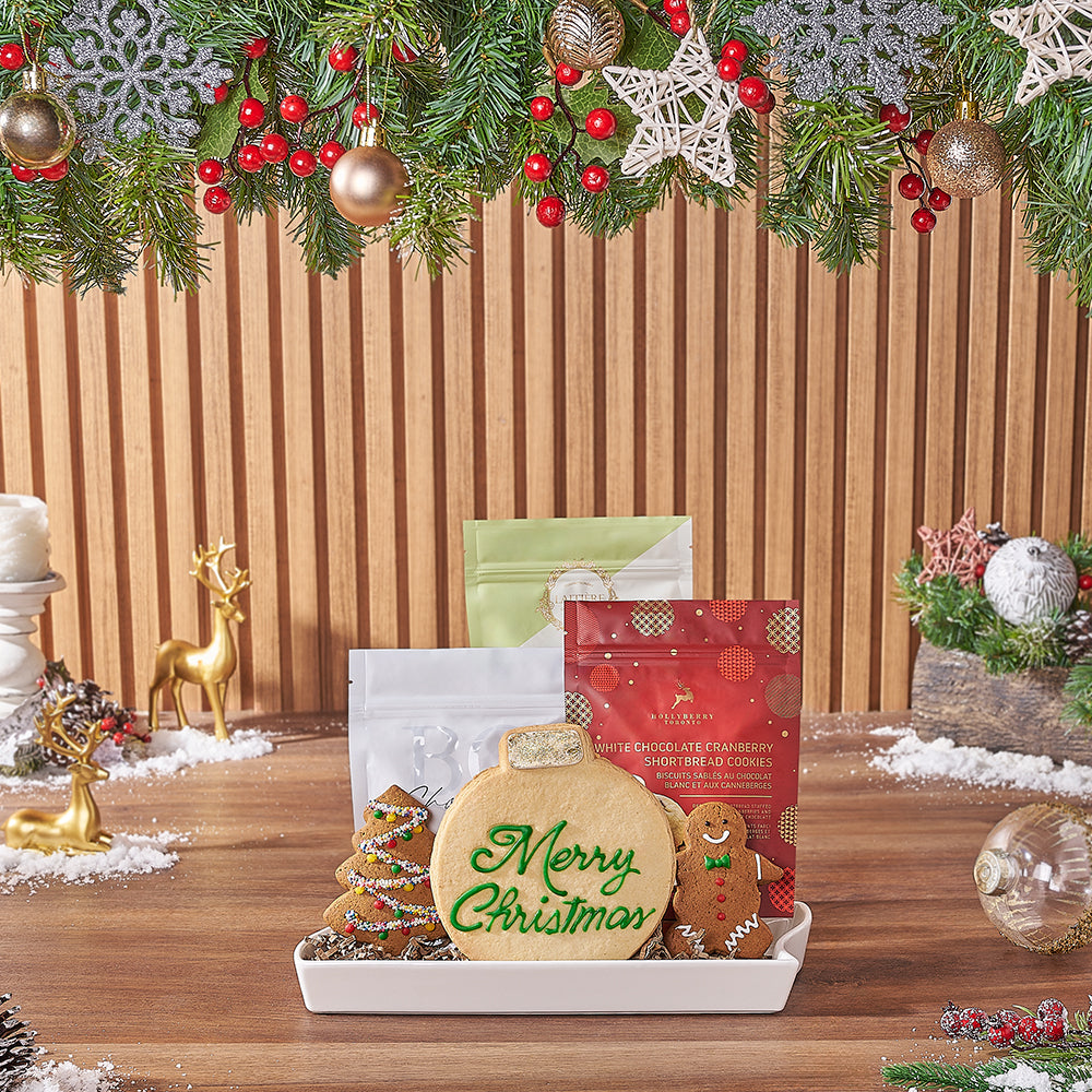 Holiday Gourmet Cookie Gift Basket Featuring Ceramic Dish – how the gift is presented