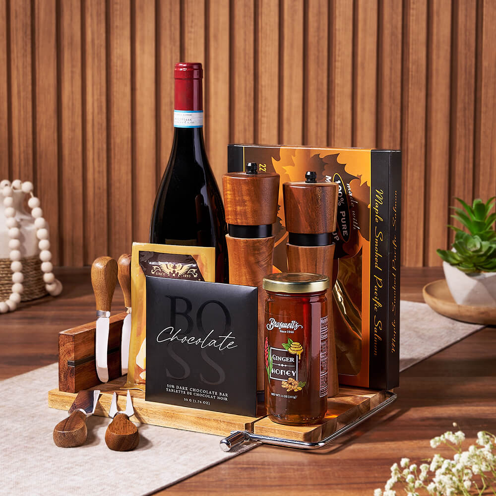 Wine and Cheese and Salmon Basket – how the gift is presented