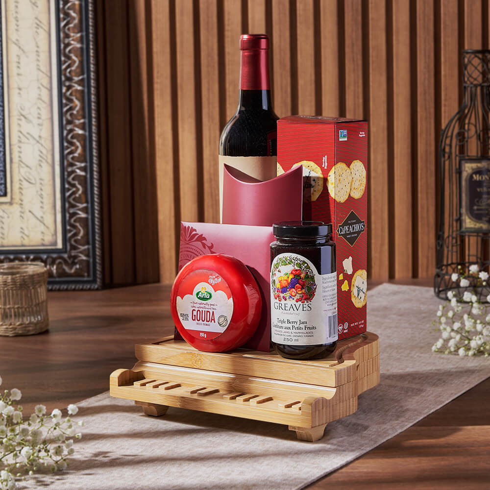 Grand Piano Bamboo Cheese Board Wine Gift Basket with Gourmet Snacks – how the gift is presented