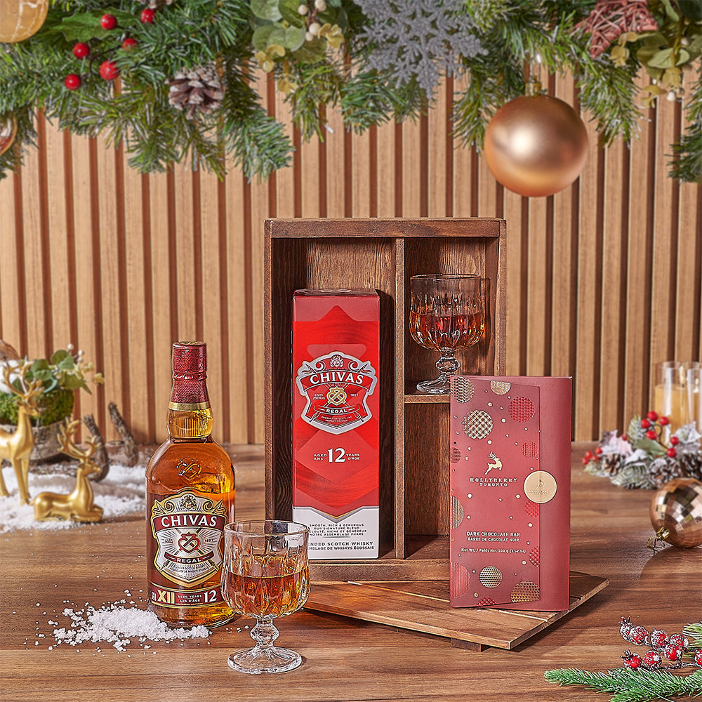 Whiskey and Dark Chocolate Holiday Gift Box with Wooden Decanter and Glasses – how the gift is presented