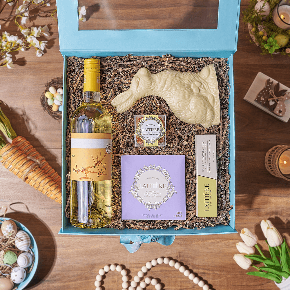 Easter Bunny & Wine Gift Box, wine gift, wine, chocolate gift, chocolate, easter gift, easter, Vermont delivery