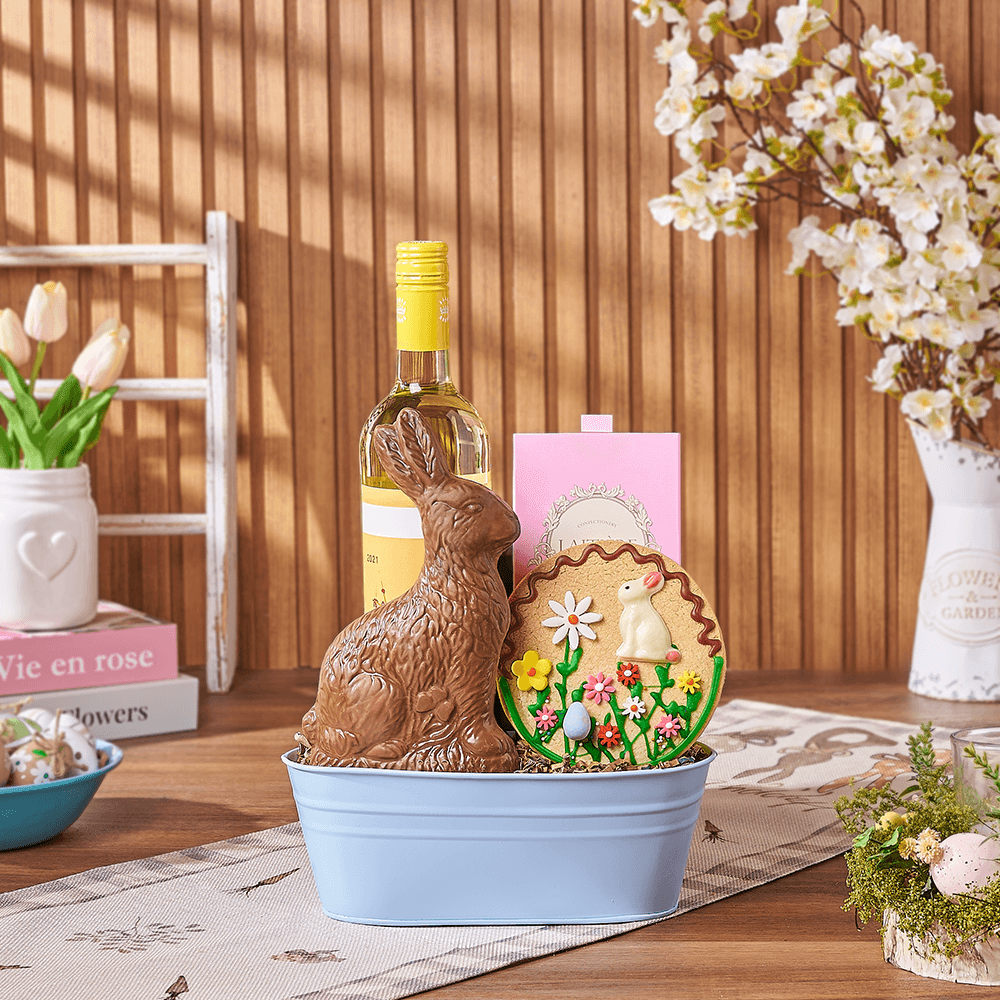 Easter Bunny Chocolate and Wine Bucket – how the gift is presented