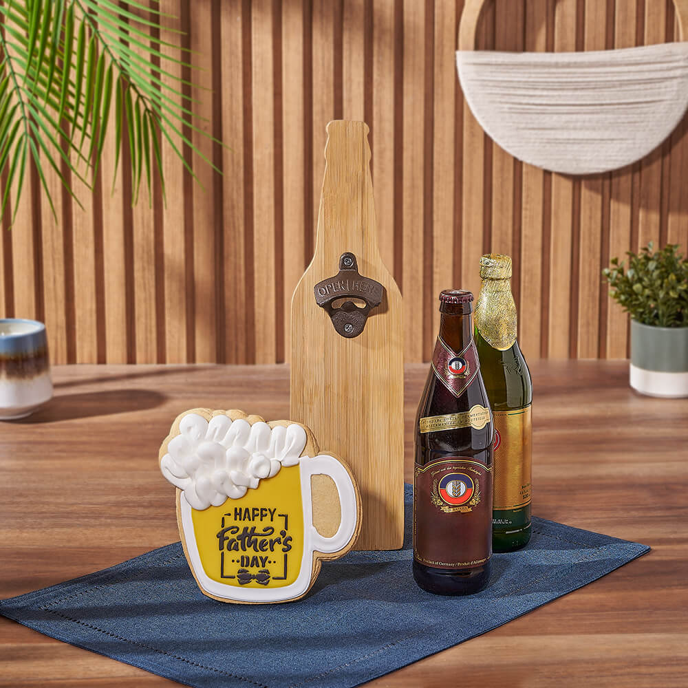 Deluxe Beer Gift Basket with Father's Day Beer Mug Sugar Cookie and Beer Opener – how the gift is presented