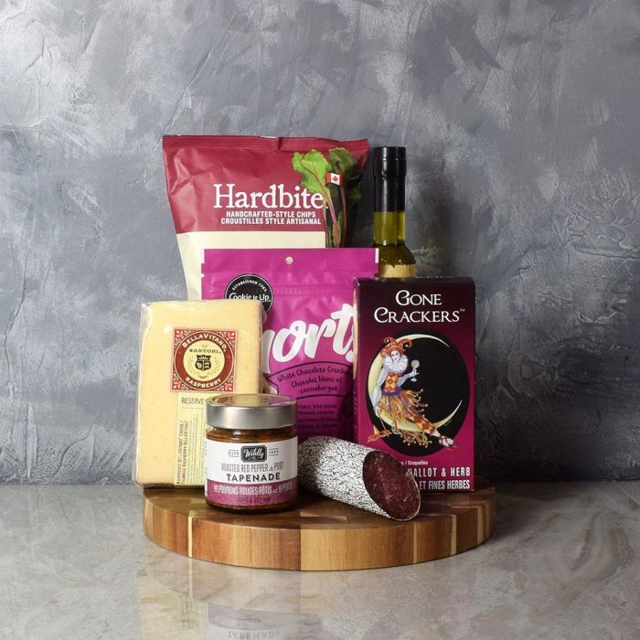 Specialty Cheese and Tapenade Basket – how the gift is presented