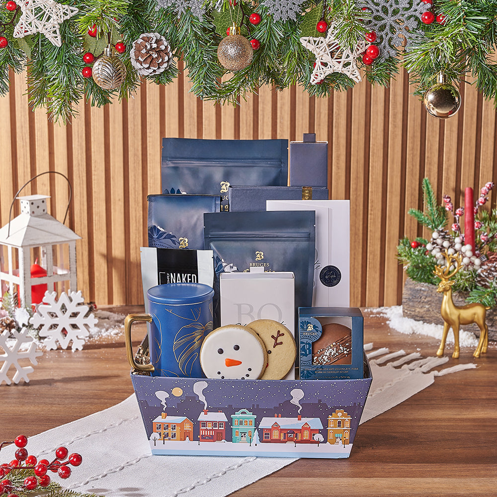 Christmas Holiday Gourmet Chocolate and Coffee Gift Basket – how the gift is presented