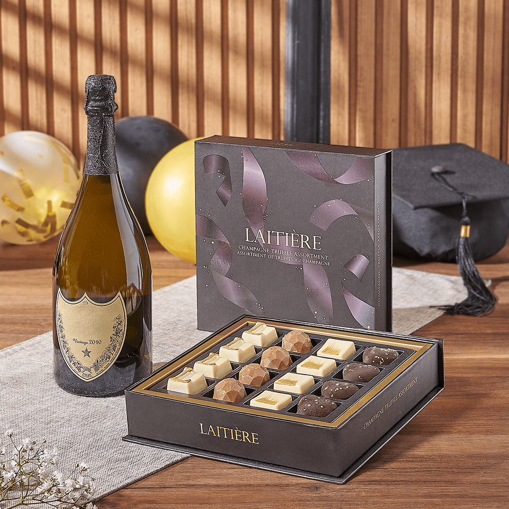 Laitière Truffle Assortment in Gourmet Graduation Gift Basket – how the gift is presented