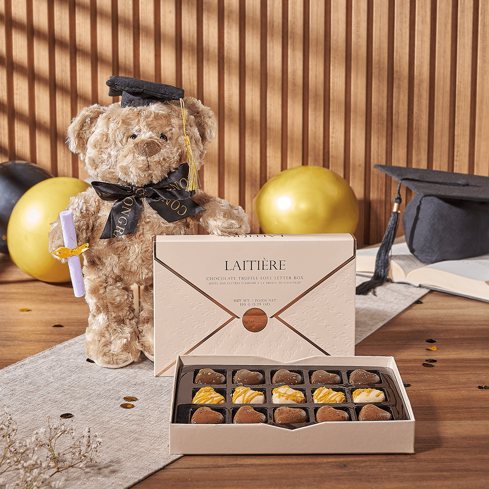 Teddy Bear with Graduation Truffles – how the gift is presented