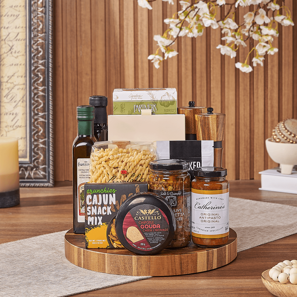 Halal Pasta and Gourmet Snack Board with Acacia End Grain Serving Set – how the gift is presented