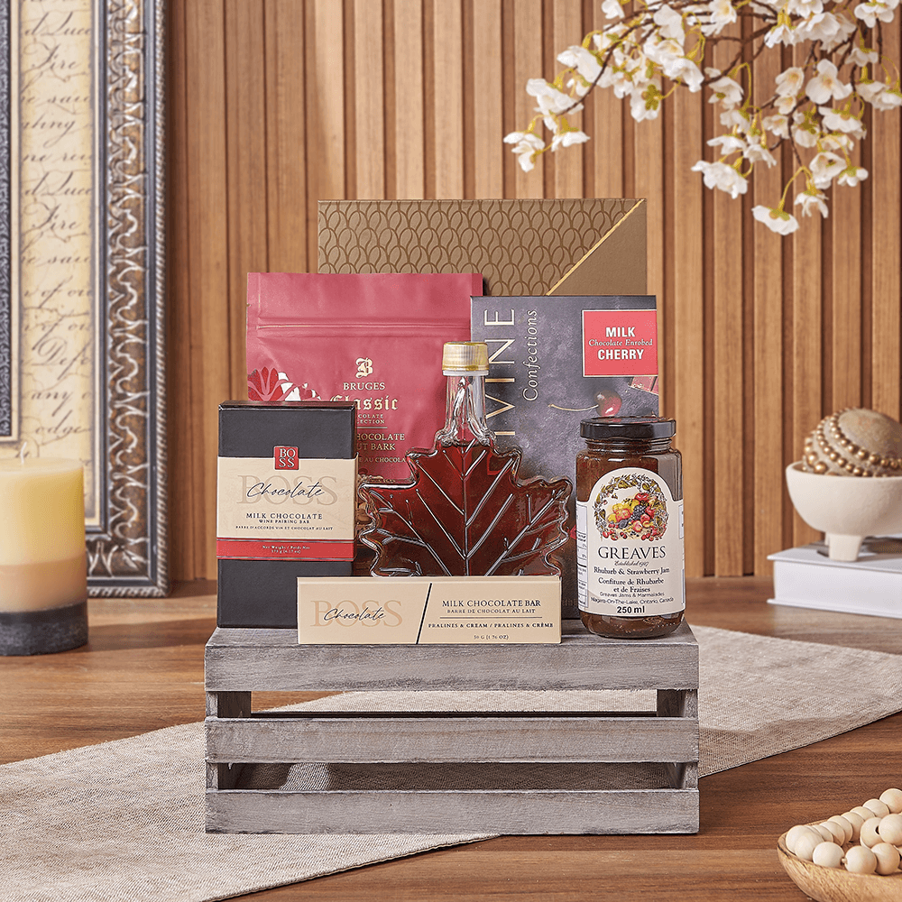 Halal Gourmet Gift Crate with Artisanal Chocolates and Maple Syrup – how the gift is presented