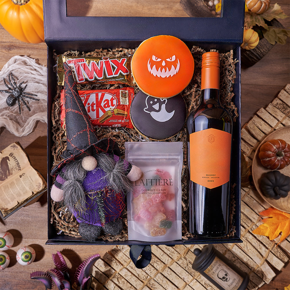 Wine and Halloween Treats Basket – how the gift is presented