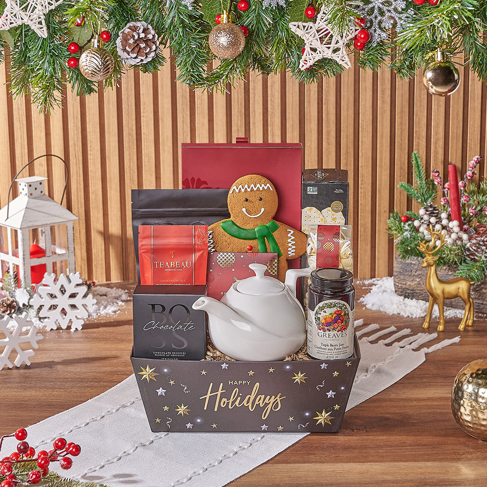Holiday Tea and Chocolate Gourmet Gift Basket – how the gift is presented