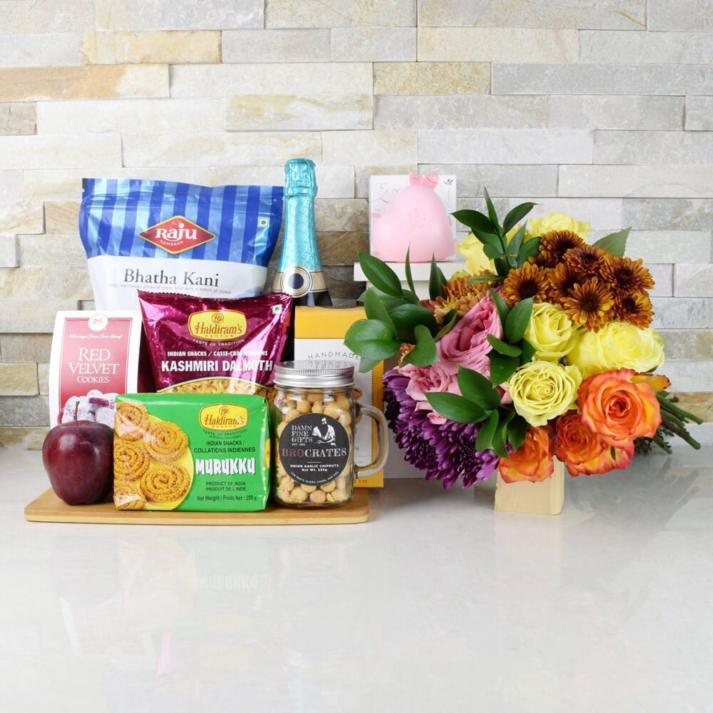 Champagne Celebration Gift Basket Featuring Diwali Snacks – how the gift is presented