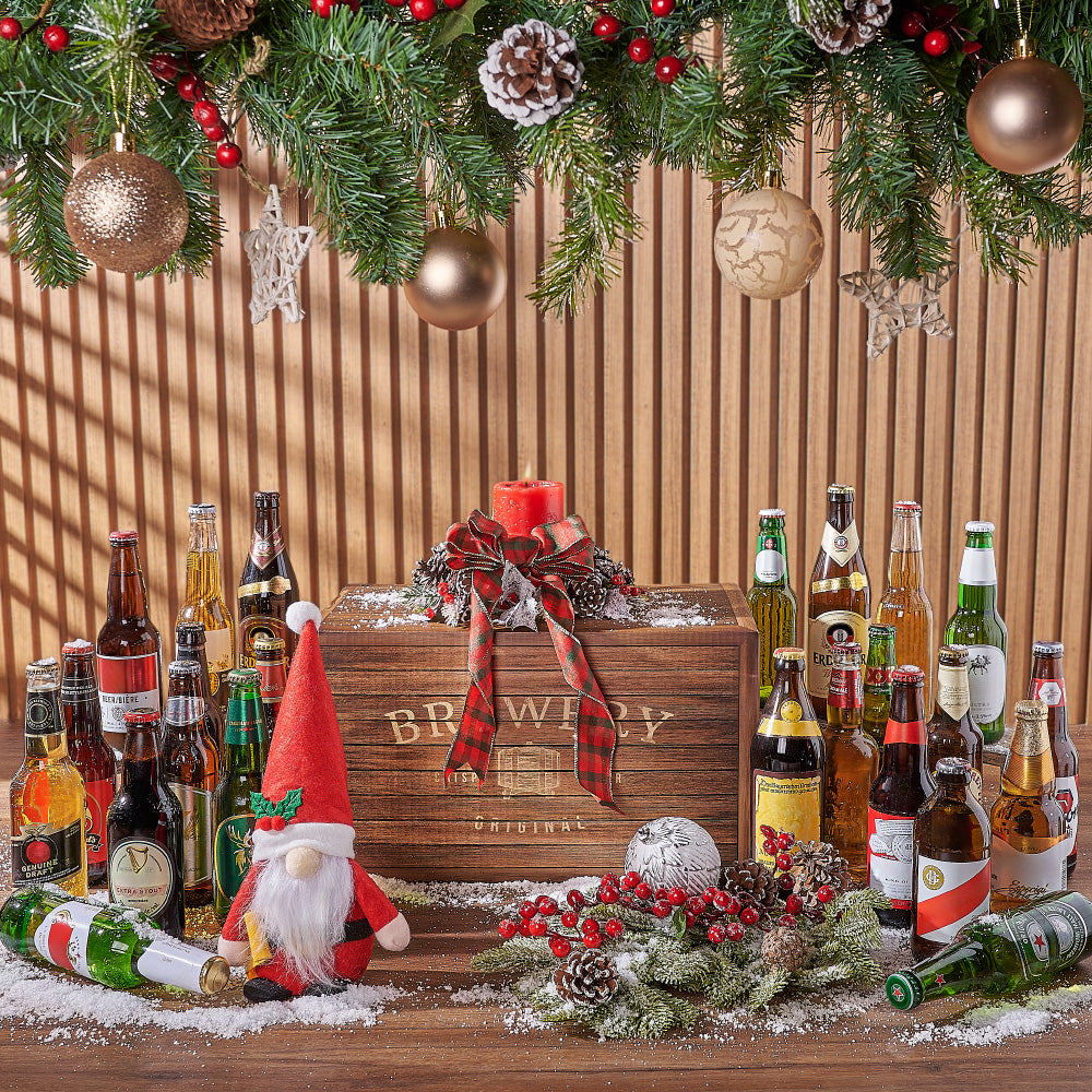 Christmas Assorted Beer Gift Basket with Plush Santa in 24-Bottle Brewery Box – how the gift is presented