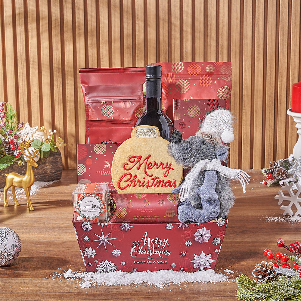 Premium Wine Gift Basket Featuring Holiday Treats and Chocolates – how the gift is presented