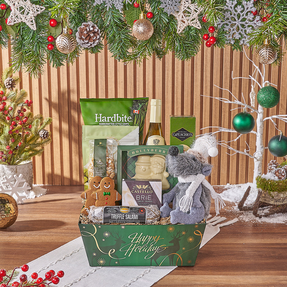 Holiday Wine Gift Basket Featuring White Chocolate and Savory Snacks – how the gift is presented