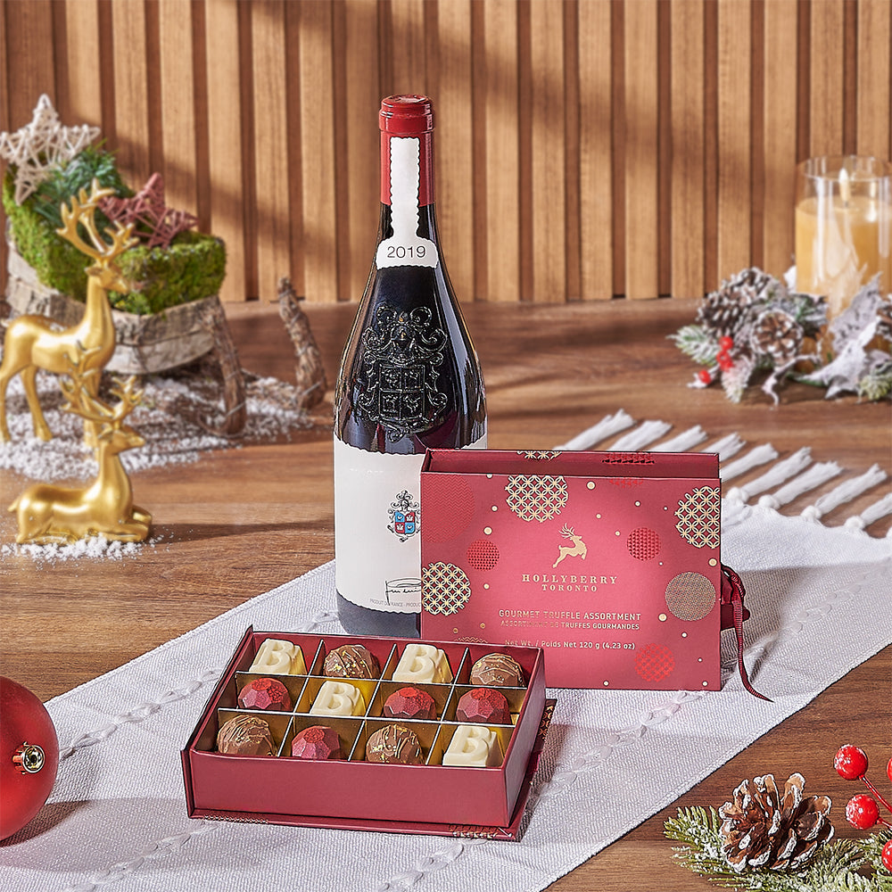 Holiday-Themed Wine and Truffles – how the gift is presented