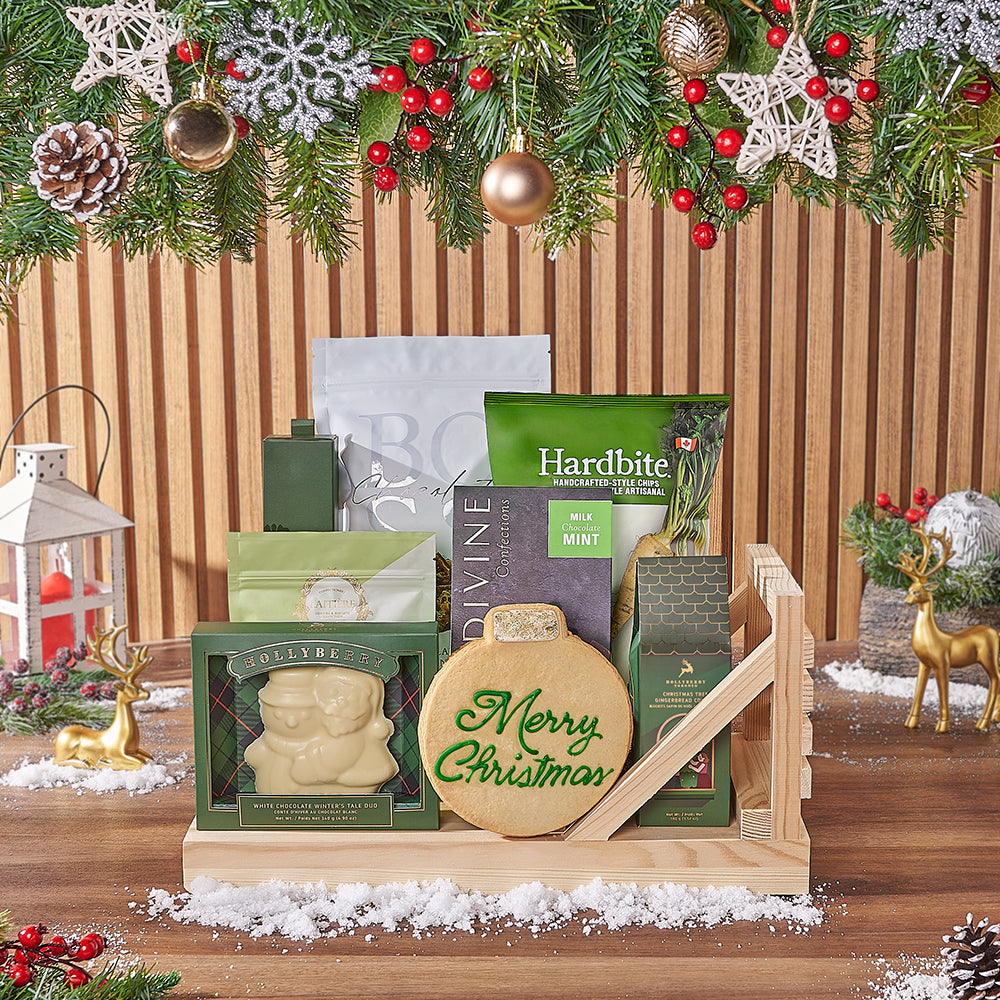 Christmas Gourmet Assortment Gift Basket in Pine Wood Sleigh – how the gift is presented