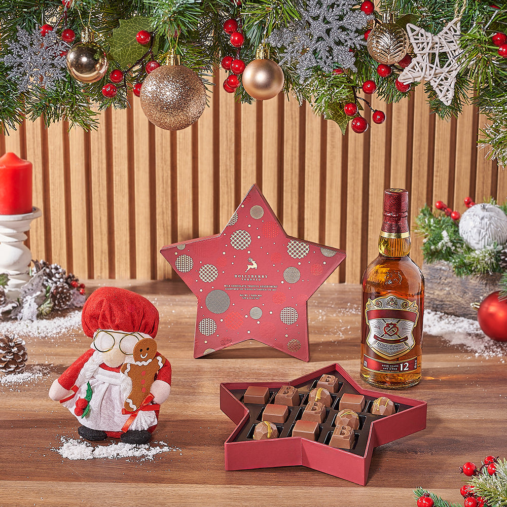 Holiday Gift Basket with Whiskey and Gourmet Chocolate Truffles – how the gift is presented