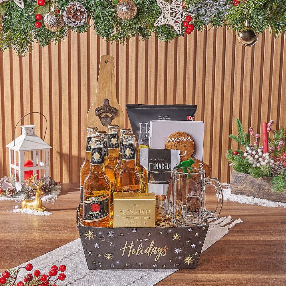 Premium Beer and Gourmet Treats Holiday Gift Basket in Card Tray – how the gift is presented