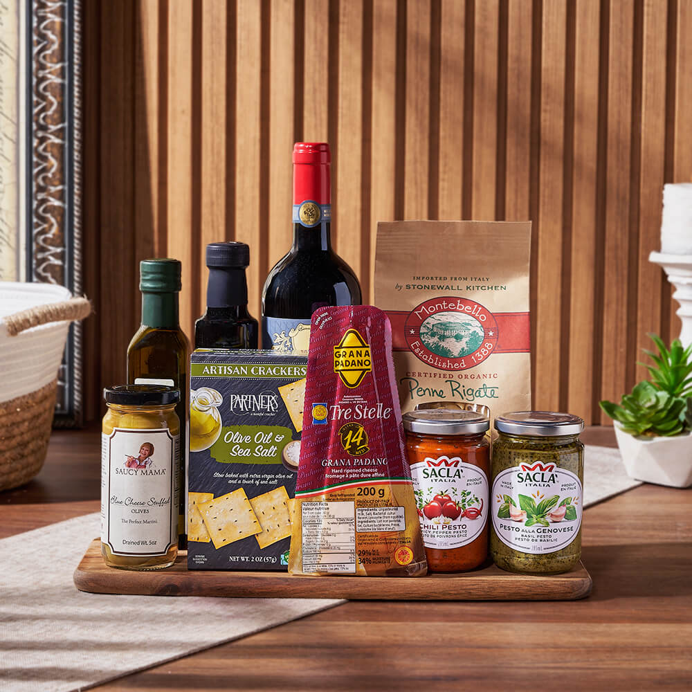 Cheese and Olive Oil Wine Basket – how the gift is presented