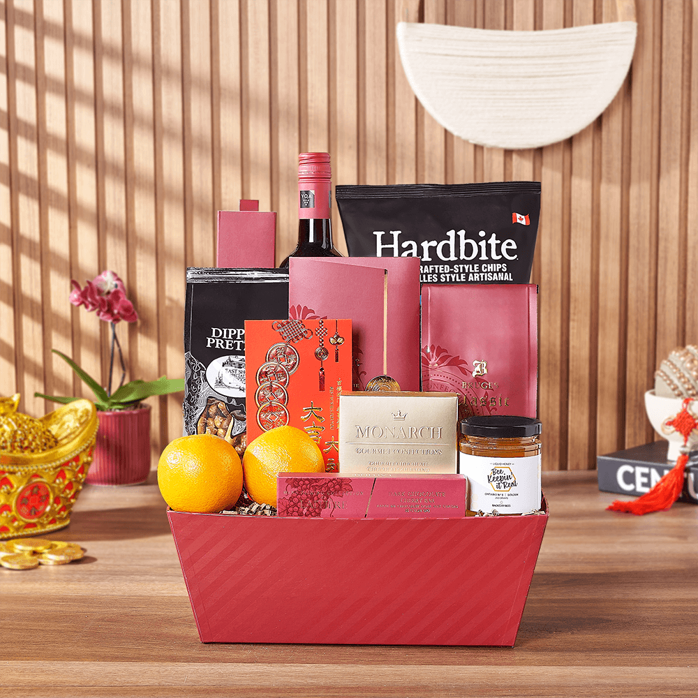 Red Tray Wine and Snacks Gift – how the gift is presented