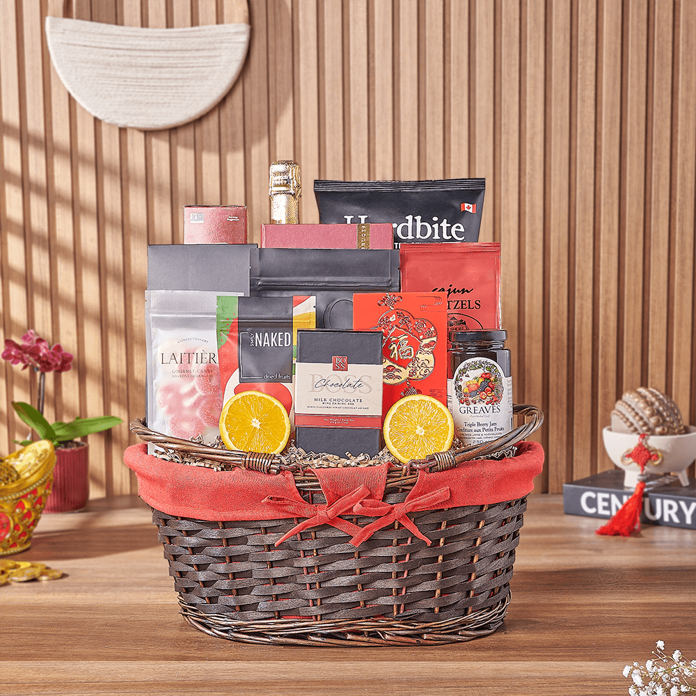 Chinese New Year Sparkling Wine Gift Basket with Sweet and Savory Snacks – how the gift is presented