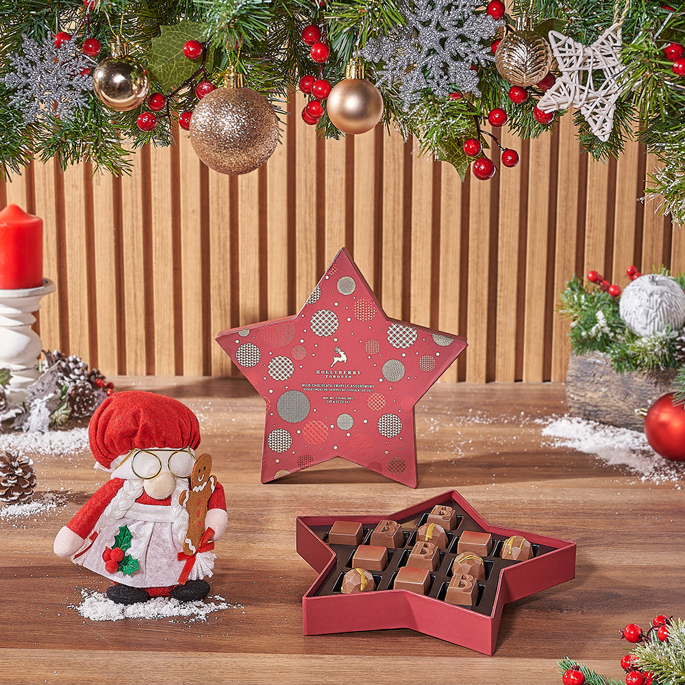 Holiday Plush Mrs. Claus and Gourmet Chocolate Star Box Gift Set – how the gift is presented