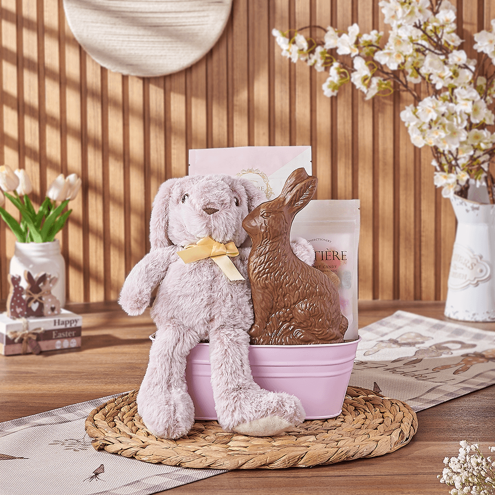 Pink Easter Bunny Gift Basket, chocolate gift, chocolate, easter gift, easter, Vermont delivery