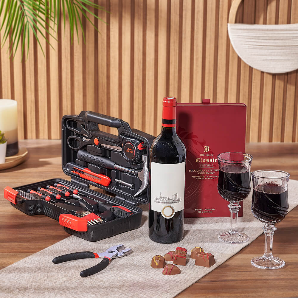 Complete Wine and Tool Gift Basket – how the gift is presented