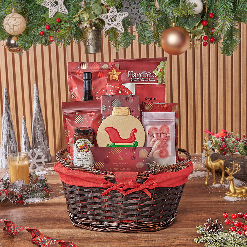 Wine Gift Basket for Holiday Season with Red and White Accents – how the gift is presented