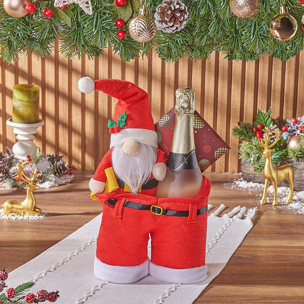 Small Santa Pants Gift Bag with Sparkling Wine and Dark Chocolate Treat – how the gift is presented