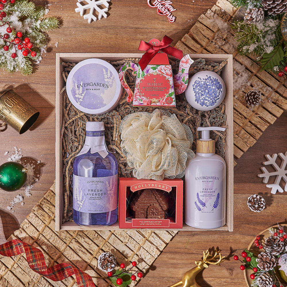 Lavender Spa Wooden Box Gift Basket – how the gift is presented