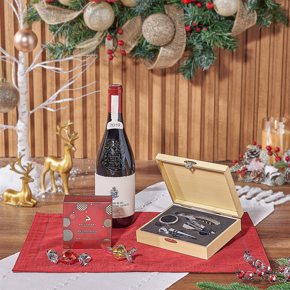 Festive Wine and Hollyberry Truffles Wooden Gift Box with Wine Accessories – how the gift is presented