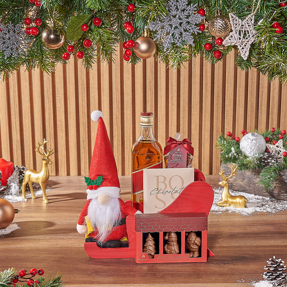 Traditional Red Wooden Sled Basket with Whiskey and Confections – how the gift is presented