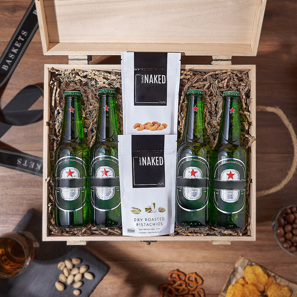 Wooden Trio Box with Four Beers and Simply Naked Roasted Pistachios and Cashews – how the gift is presented