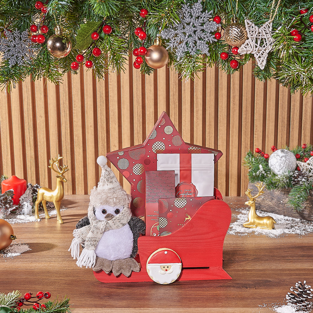 Holiday Season Red Wooden Sled Basket with Gourmet Treats – how the gift is presented