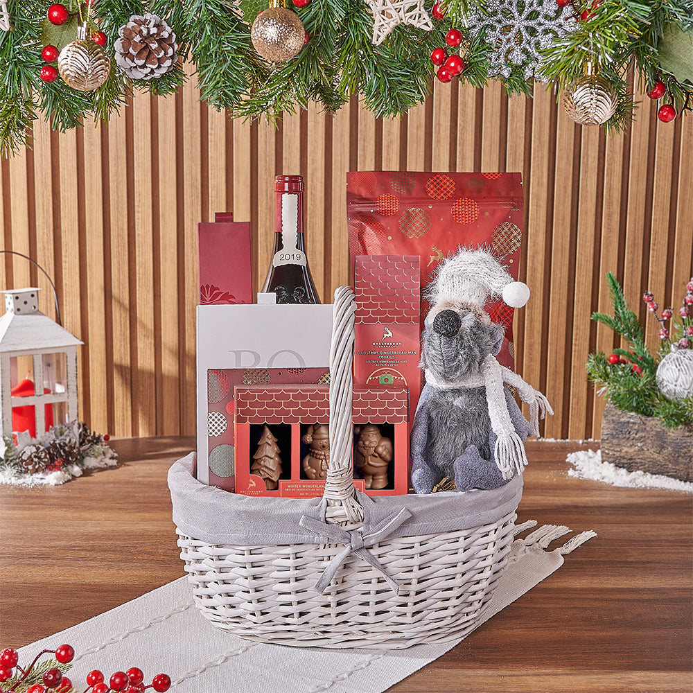 Christmas Wine Gift Basket with Holiday Chocolates in White Wicker – how the gift is presented